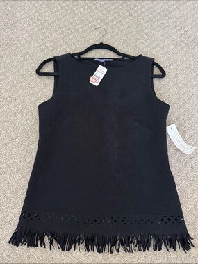 Black Sleeveless Fringe Hem Tunic